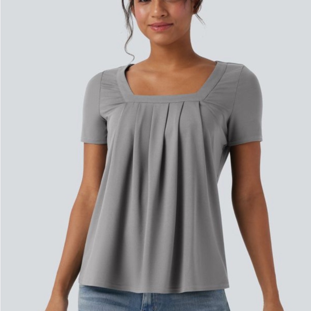 HALARA Square Neck Short Sleeve Gray Pleated Women's Top XL